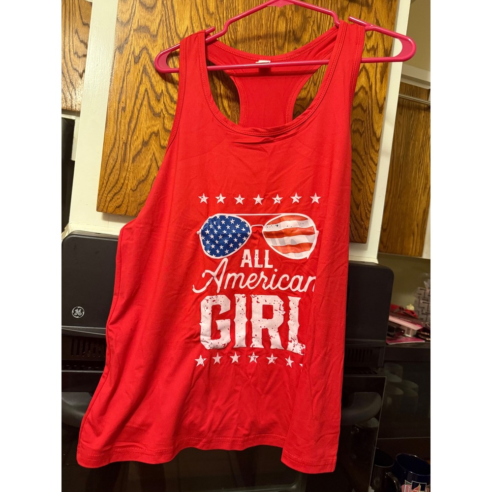 All American Girl Red Racerback Tank Top Patriotic USA Flag Graphic XL